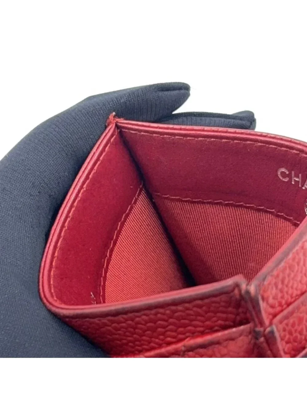 Chanel Classic Caviar Leather Red Card Case Silver